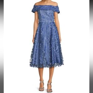 3D Flower Off the Shoulder Cap Sleeve Fit and Flare Dress